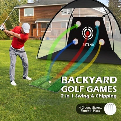 Golf Practice Net with Mat Set 10x7ft – Heavy Duty Backyard Driving Hitting Net with Turf Mat Golf Balls Rubber Tees & Carry Bag for Indoor