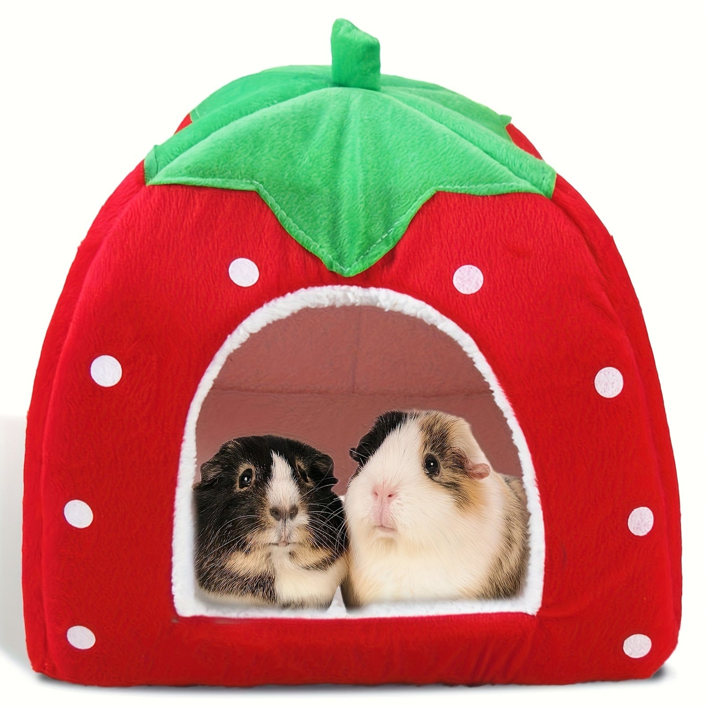Small Animal Hideaway Bed 2pcs – Strawberry Plush Hideout for Guinea Pigs, Hamsters & Rabbits, Semi-Enclosed Warm Nest with Leaf Design