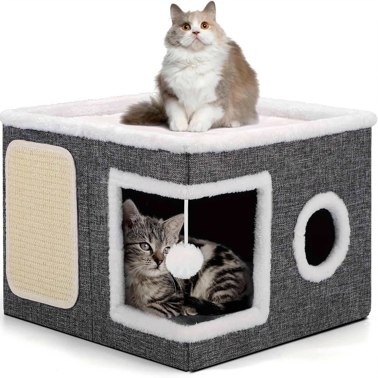 Multi-Tier Cat House & Indoor Cat Cube Bed – Foldable 2-Level Cat Tree with Scratching Post, Toy Tunnel & Plush Hanging Ball