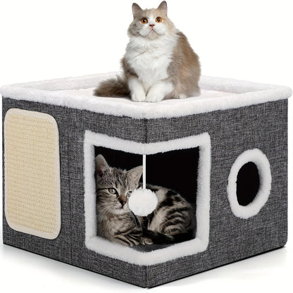 Multi-Tier Cat House & Indoor Cat Cube Bed – Foldable 2-Level Cat Tree with Scratching Post, Toy Tunnel & Plush Hanging Ball