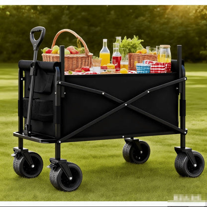 Foldable Utility Wagon Cart 550 lbs, Collapsible Outdoor Cart with Bench Seat & All-Terrain Wheels