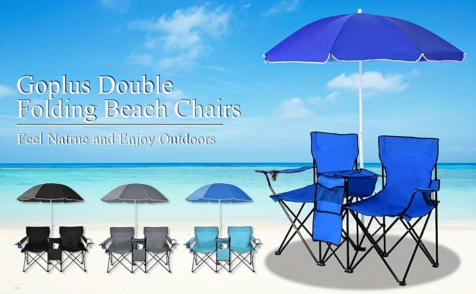 Folding Picnic Chair Set for 2, Umbrella, Cooler Bag & Table, 600 Lbs Capacity, Portable, for Camping, Travel and Outdoor Use