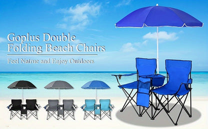 Folding Picnic Chair Set for 2, Umbrella, Cooler Bag & Table, 600 Lbs Capacity, Portable, for Camping, Travel and Outdoor Use