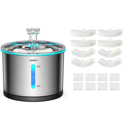 Cat Water Fountain Stainless Steel 50oz/1.5L – Ultra Quiet Auto Pet Water Dispenser with LED Light, Visible Window & Dishwasher Safe