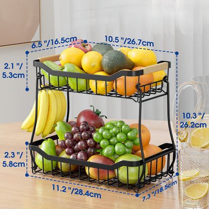 Tiered Fruit Basket Kitchen Organizer with Banana Hook, Removable 2 or 3 Metal Baskets and Wood Handle