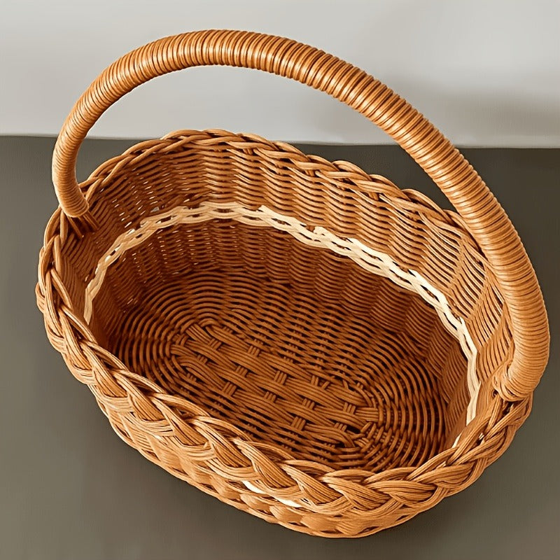 Wicker Easter Basket with Handle – Large Hand Woven Retro Basket with Ribbon for Easter Egg Hunt, Picnic, Outdoor Camping
