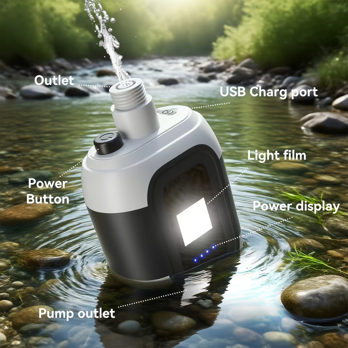 Portable Outdoor Shower with Light 2-in-1 – 2000mAh Rechargeable, Power Display, Spray Nozzle, Hose & Suction Cup – Camping, Hiking