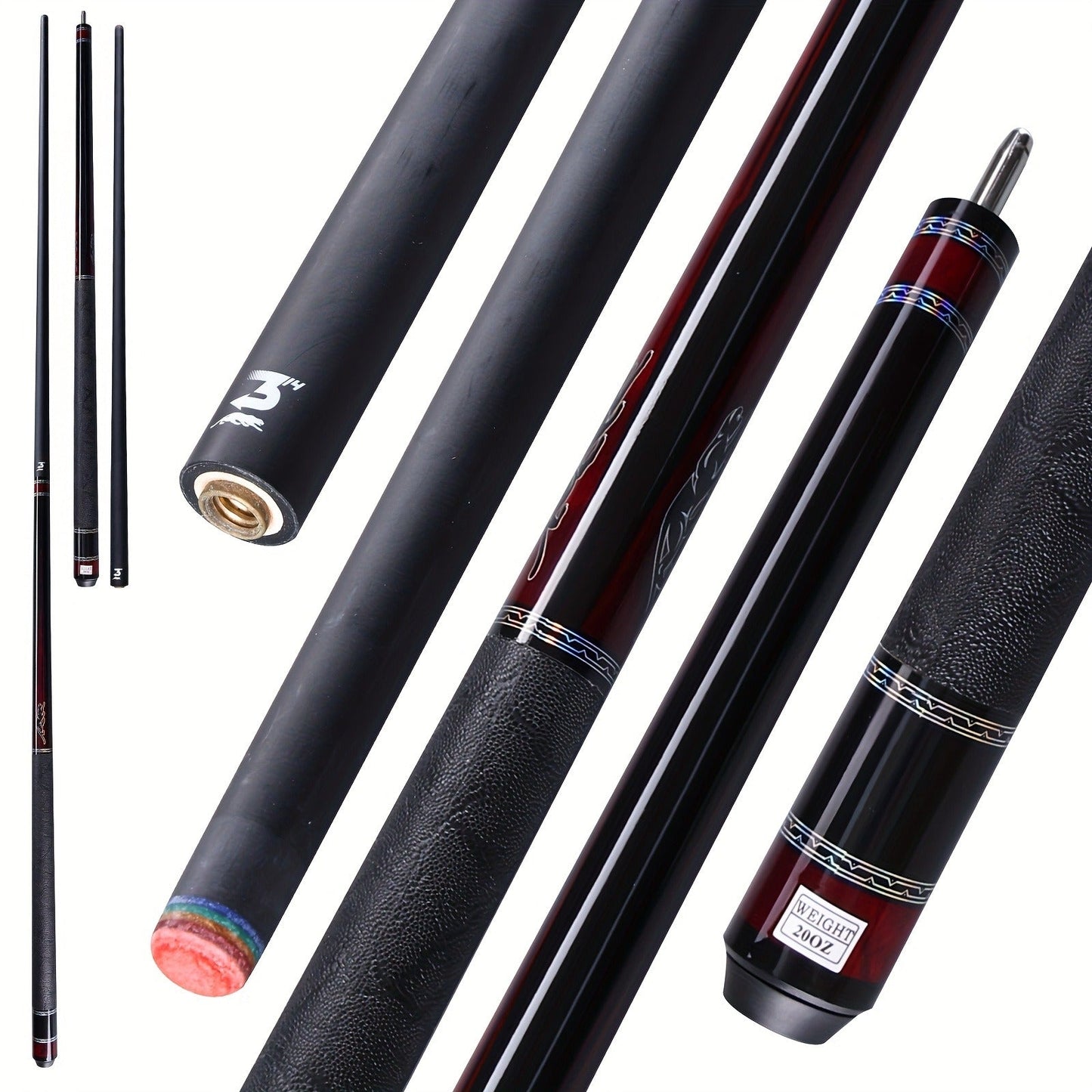 58-Inch Carbon Fiber Pool Cue with 12.5mm Tip, 3/8x8 Joint, Black Wrap and Four SP Graphic Designs
