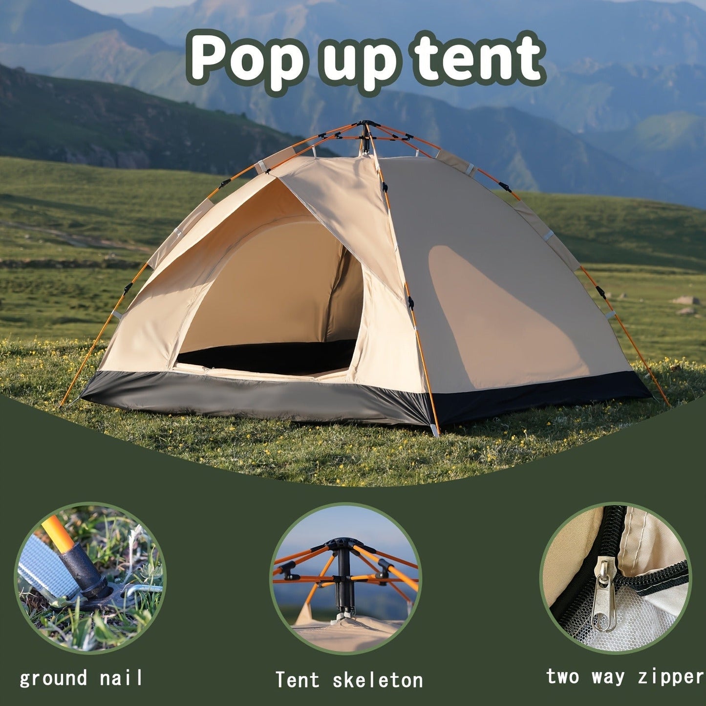 Camping Tent Pop-Up with Dual Doors, Optional Mesh Windows and 1-3 or 3-4 Person Source Options