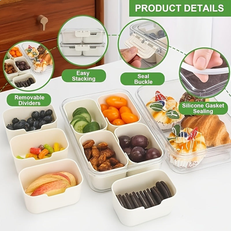 Storage Containers with Lids, Snack Tray Two-Pack with Four or Eight Removable Compartments and Snap Lids