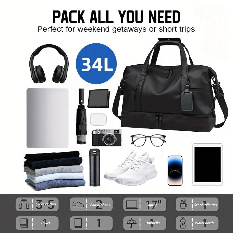 Gym Duffel Bag PU Foldable Sports Duffle with Shoe Compartment & Wet Pocket – Lightweight Weekender Travel Bag for Workout, Daily Use