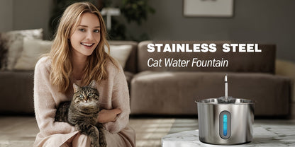 Stainless Steel Cat Water Fountain 74oz – 304 Food-Grade Steel, Ultra-Quiet USB Pump, 3-Stage Filtration, Visible Water Level Window