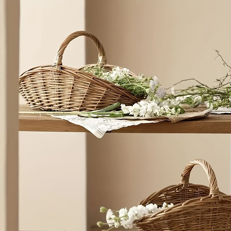Natural Wicker Storage Basket with Thick-Wall Oval Design for Flowers, Produce and Farmhouse Display