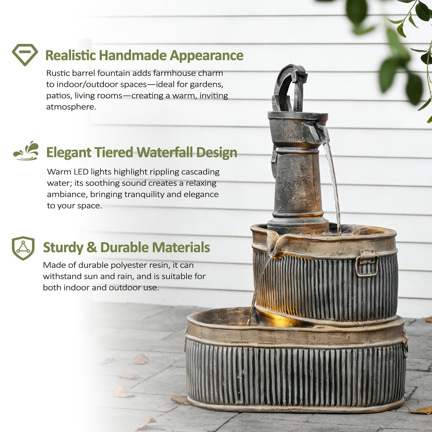 Outdoor Water Fountain 2-Tier Barrel with LED Light & Pump - Rustic Resin Garden Fountain for Patio