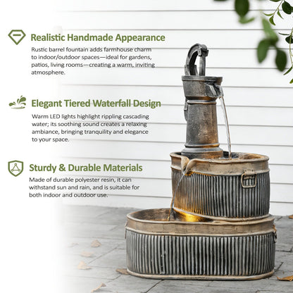 Outdoor Water Fountain 2-Tier Barrel with LED Light & Pump - Rustic Resin Garden Fountain for Patio