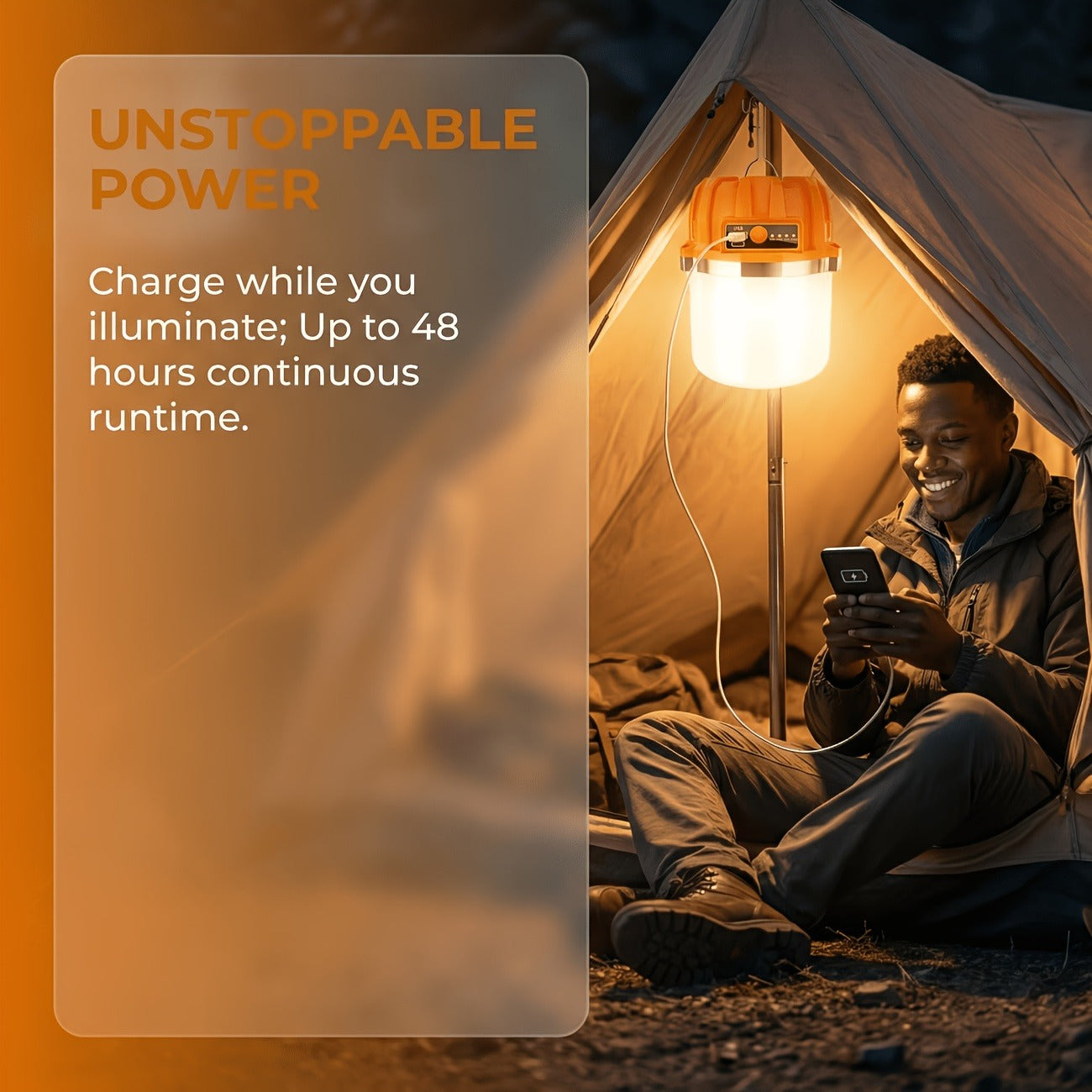 Orange Hanging Camping Lantern with Three Brightness Settings, Type-C Charging Port and Integrated Hook