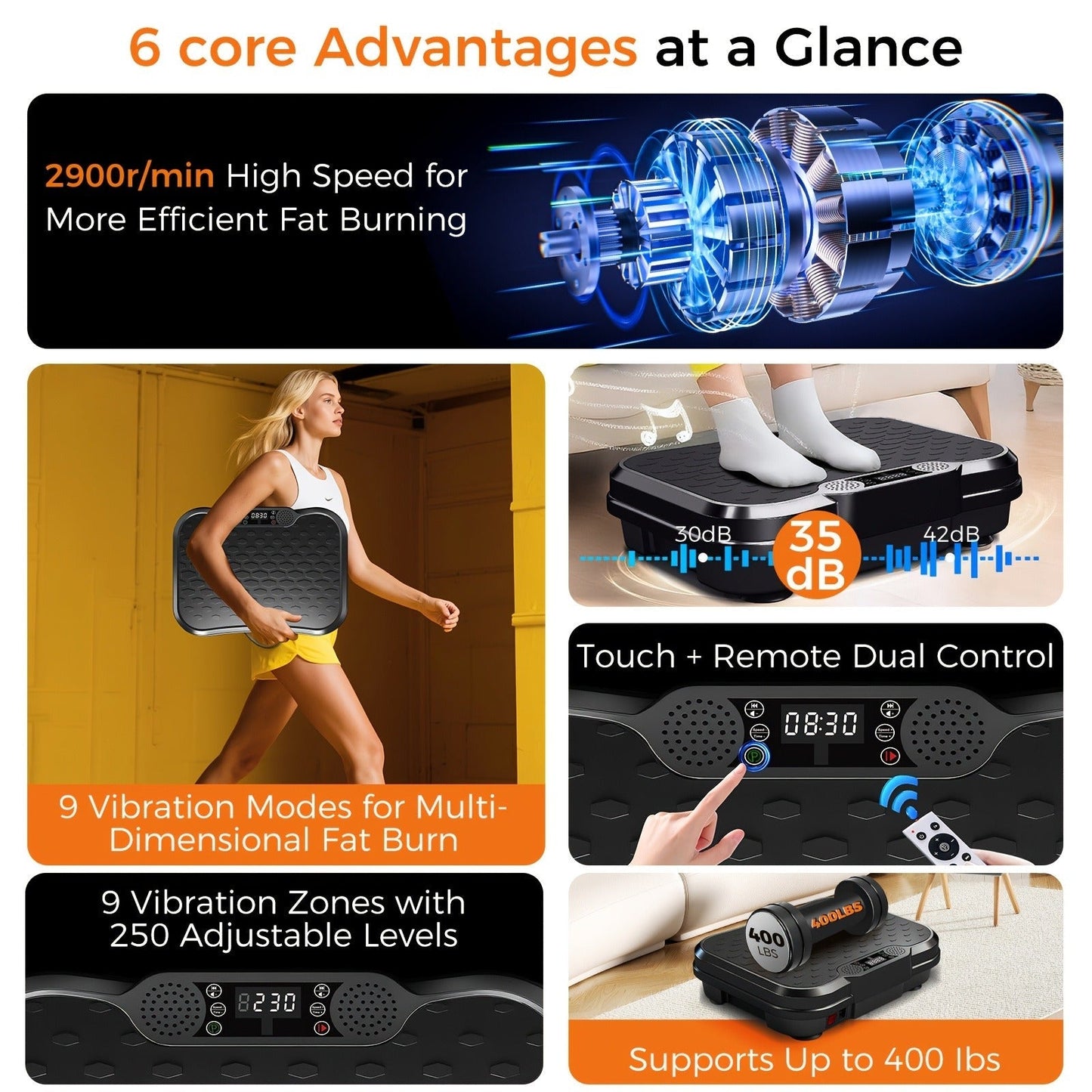 Vibration Plate Exercise Machine 2025 Upgraded – 400 lb Capacity, LED Touch Screen & Remote Control, 9 Preset Programs