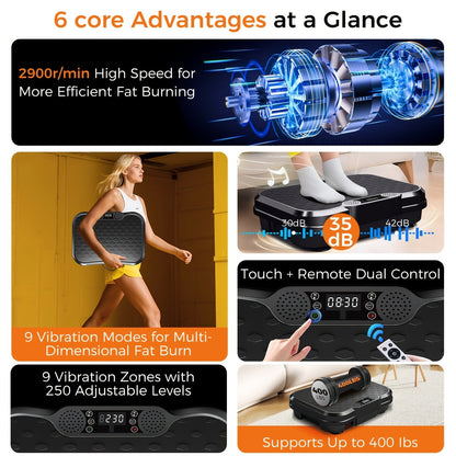 Vibration Plate Exercise Machine 2025 Upgraded – 400 lb Capacity, LED Touch Screen & Remote Control, 9 Preset Programs