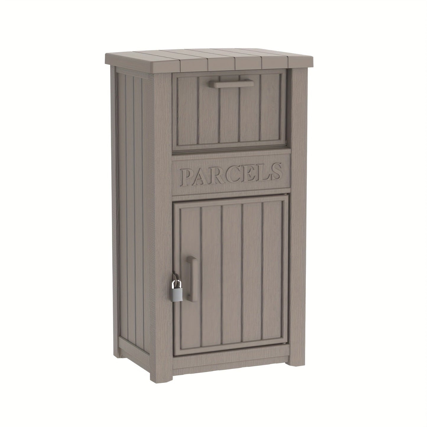 Tall Light-Brown Parcel Outdoor Storage Box with Drop Compartment, Front Door and Lock Hardware