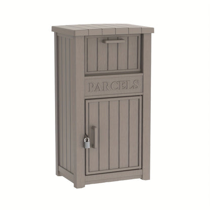 Tall Light-Brown Parcel Outdoor Storage Box with Drop Compartment, Front Door and Lock Hardware