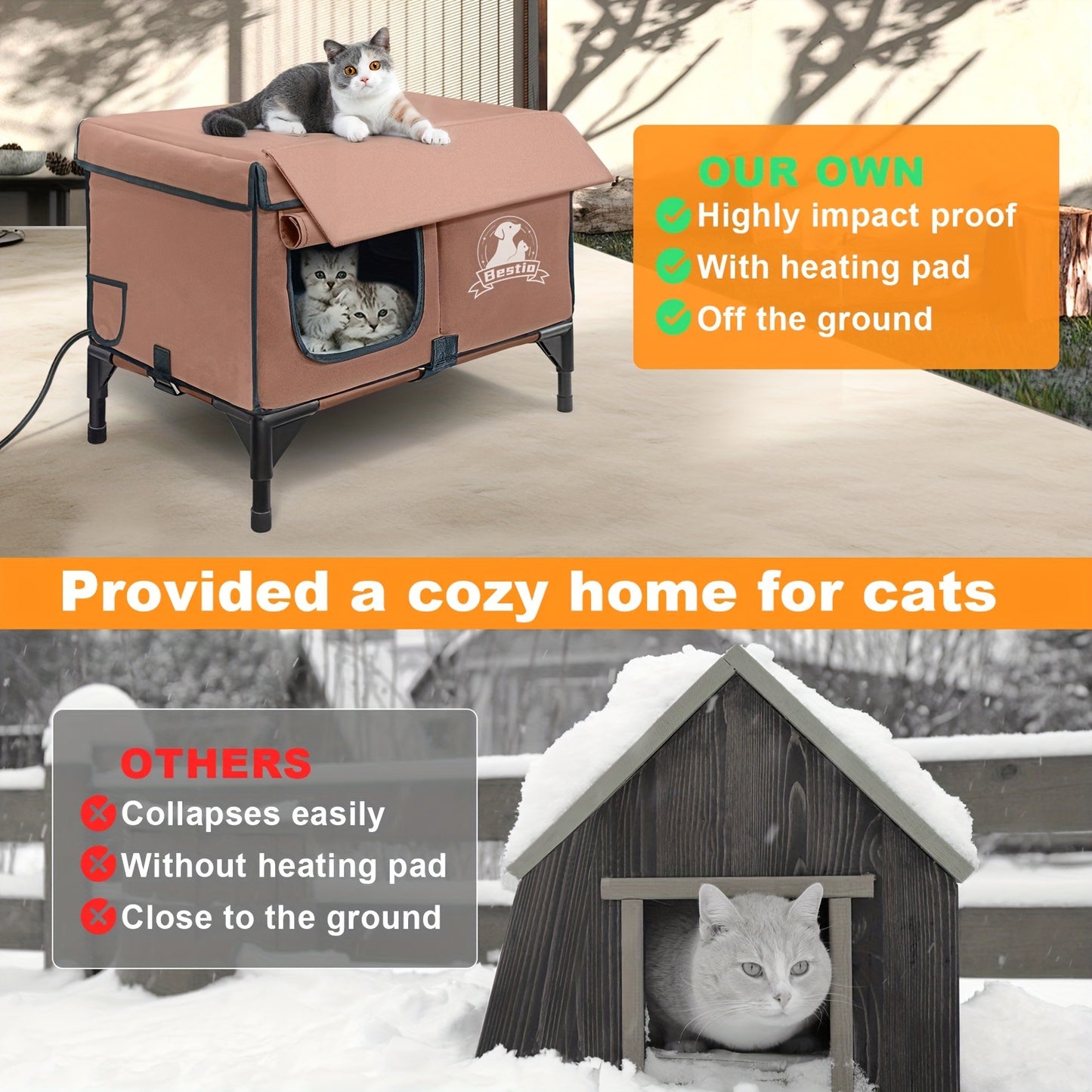 Heated Cat House 3-in-1 with Removable Warming Pad, Elevated Cat Bed for Indoor & Outdoor Cats, Chew-Resistant Cord, Double Door Cat Cave