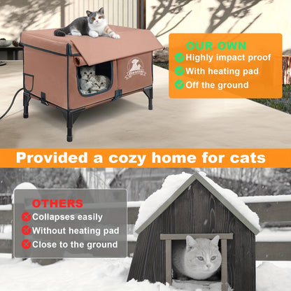Heated Cat House 3-in-1 with Removable Warming Pad, Elevated Cat Bed for Indoor & Outdoor Cats, Chew-Resistant Cord, Double Door Cat Cave