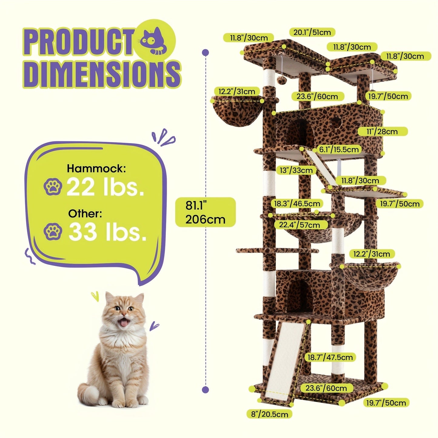 Multi-Level Cat Tree in 36-, 65-, 68- or 81-Inch Heights with Perches, Condo, Hammock and 30 Color, Pattern or Layout Options