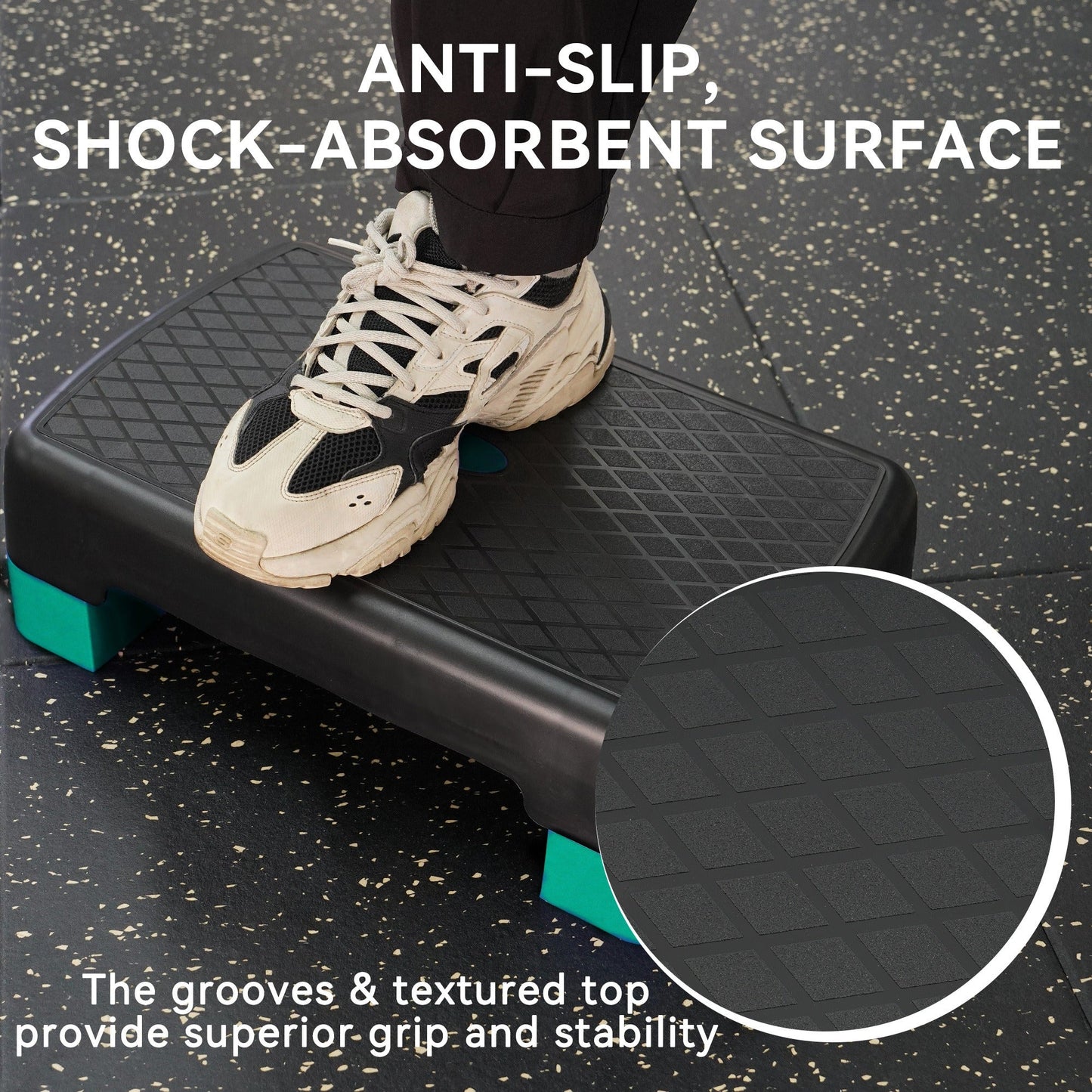 Aerobic Step Platform Adjustable Height with 2 Risers – Non-Slip Workout Stepper 18"x11", 440 LB Capacity
