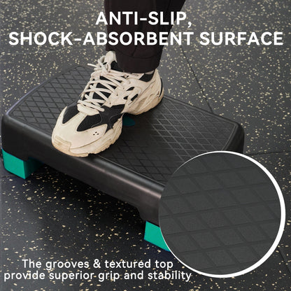 Aerobic Step Platform Adjustable Height with 2 Risers – Non-Slip Workout Stepper 18"x11", 440 LB Capacity