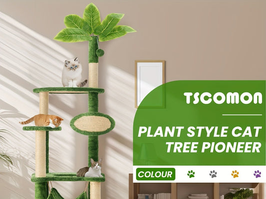 Cat Tree 55" Large Multi-Level Cat Tower for Indoor Cats with Green Leaves, Hammock, Sisal Scratching Posts & Hanging Ball Toy