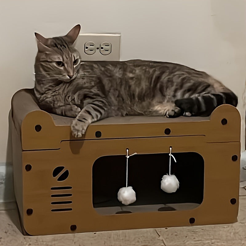 Large Cat House with Scratcher Pad & Plush Ball Toys, Ventilated Multi-Functional Indoor Outdoor Cat Shelter