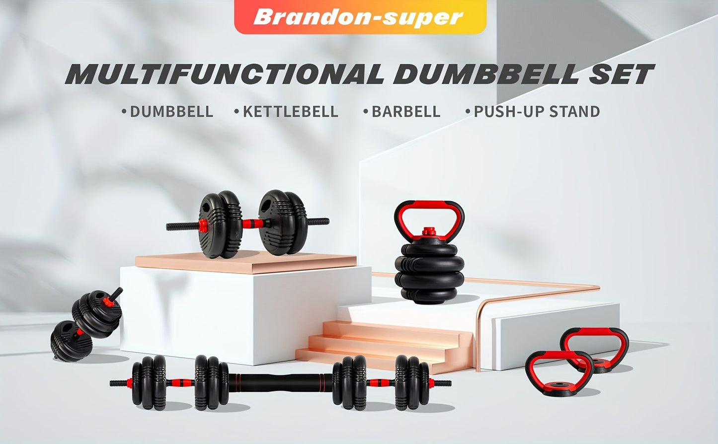 Free Weight Set 4-in-1 Adjustable Dumbbells 20–90LBS – Converts to Kettlebell, Barbell & Push-Up Stand, Double Nuts Non-Slip Bar for Home