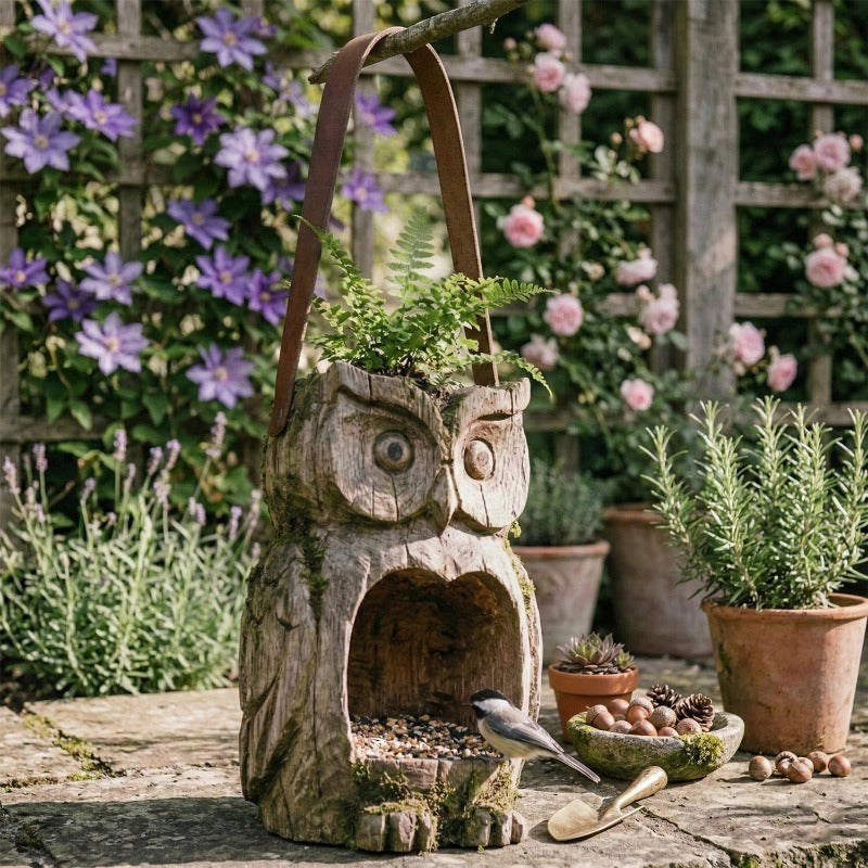 Bird Feeder Hanging Outdoor Rustic Wood Owl-Shaped Plant Pot for Patio Lawn Garden Decor – Open Design Decorative Planter for Bird Seed