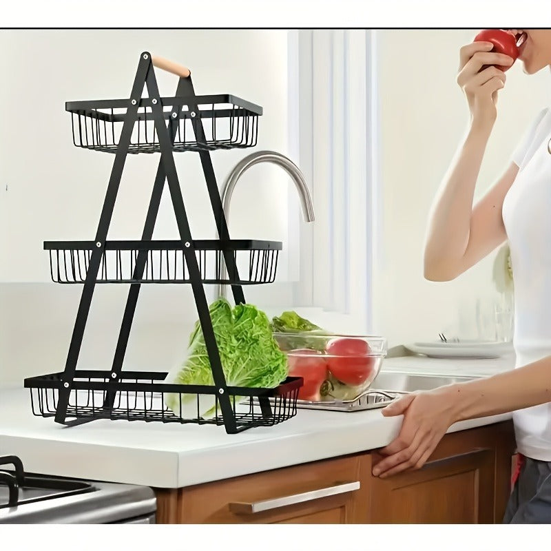 Fruit Basket Kitchen Organizer 2 or 3 Tier Metal Stand with Removable Wooden Handles for Countertop