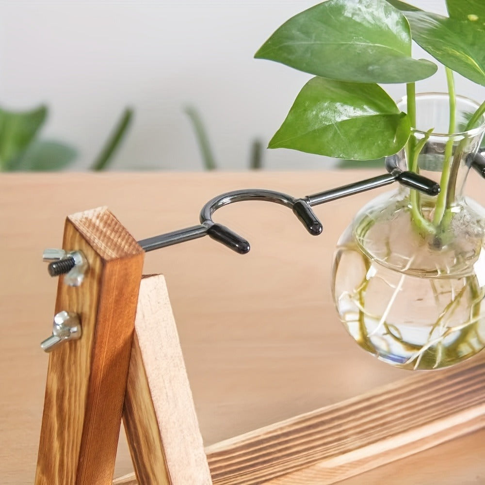 Propagation Station 3 Bulb Glass Vase with Wooden Stand – Hydroponic Plant Terrarium for Home Office Desk Decor