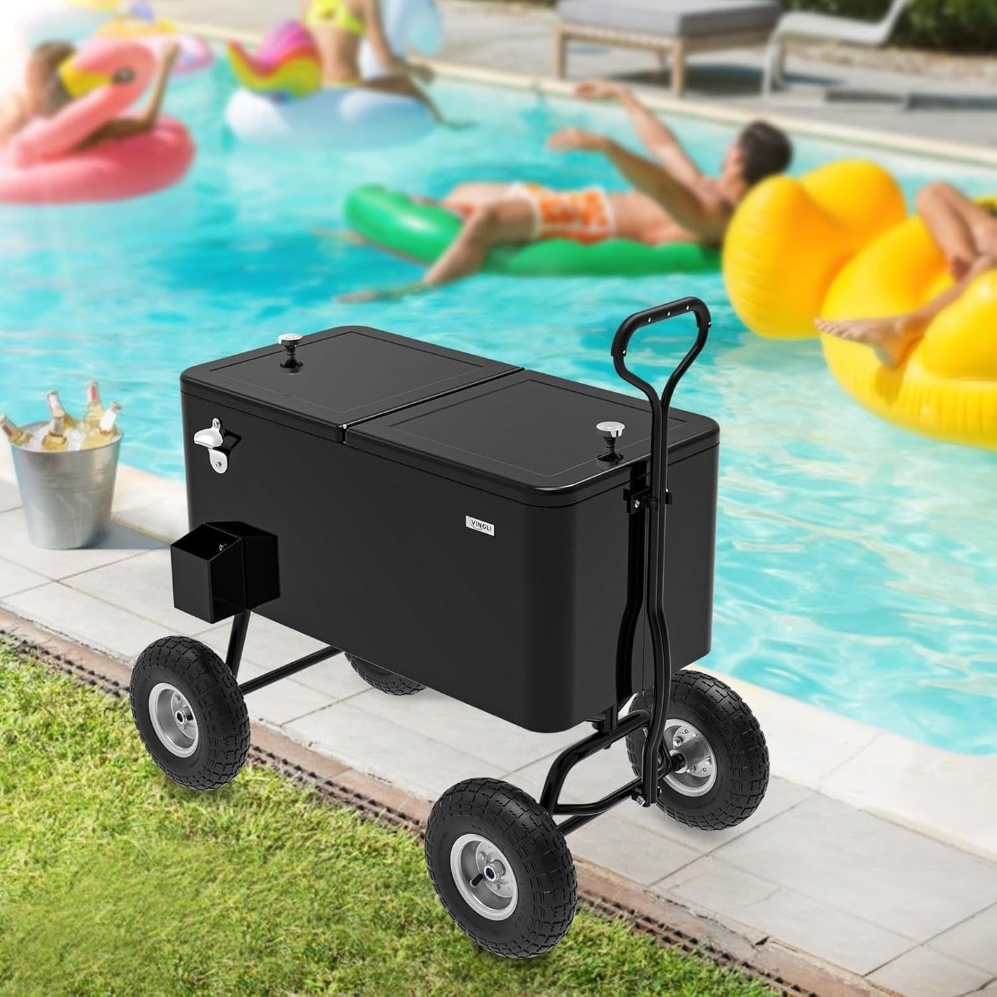 Rolling Cooler Cart 80QT Portable Wagon with 10" Wheels, Patio Beach Outdoor Drink Cooler, for Camping, Travel and Outdoor Use