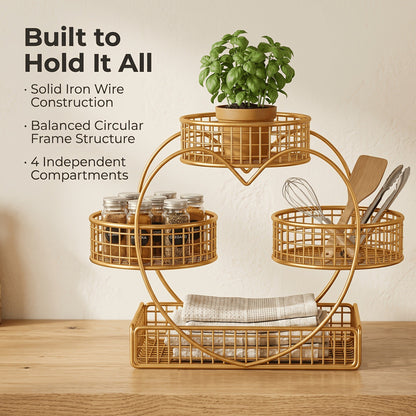 Three-Tier Gold-Tone Wire Fruit Basket with Three Round Bowls and Rectangular Countertop Base