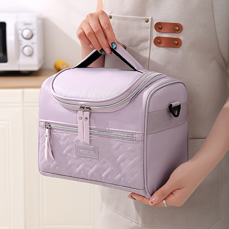 Quilted Lunch Bag Tote with Dual Zippers, Front and Side Pockets, Shoulder Strap and Four Colors