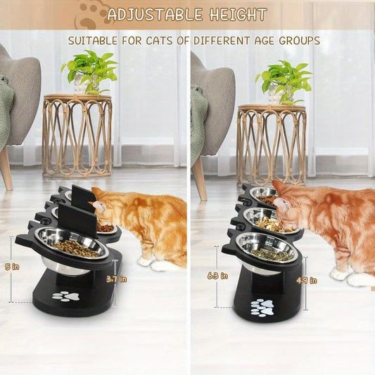 Elevated Cat Bowl Stand with Tilted Stainless Steel Bowls – Adjustable Raised Feeder, Anti-Spill, Black Wood Base for Cats & Small Dogs