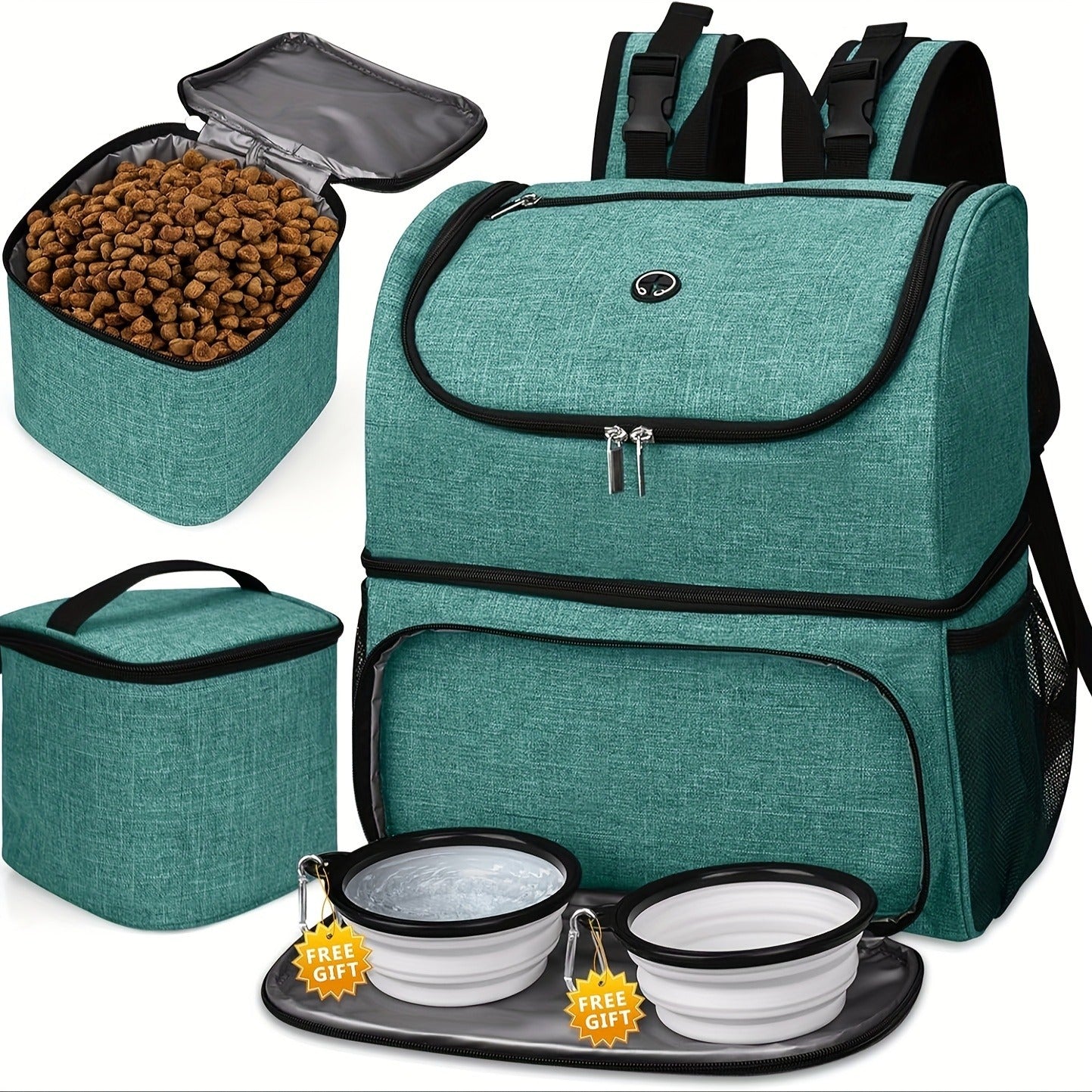 Pet Travel Backpack Double Layer Dog Cat Supplies Bag with 2 Collapsible Bowls 2 Food Baskets Portable Organizer for Outdoor Hiking Camping