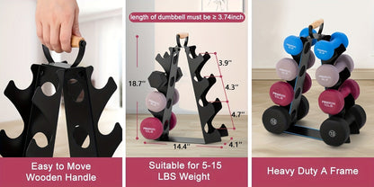 Weight Rack Stand 4-Tier A-Frame with Wooden Handle – Space-Saving Dumbbell Storage for Home Gym, Holds 5–15LB Hex & Rubber Dumbbells