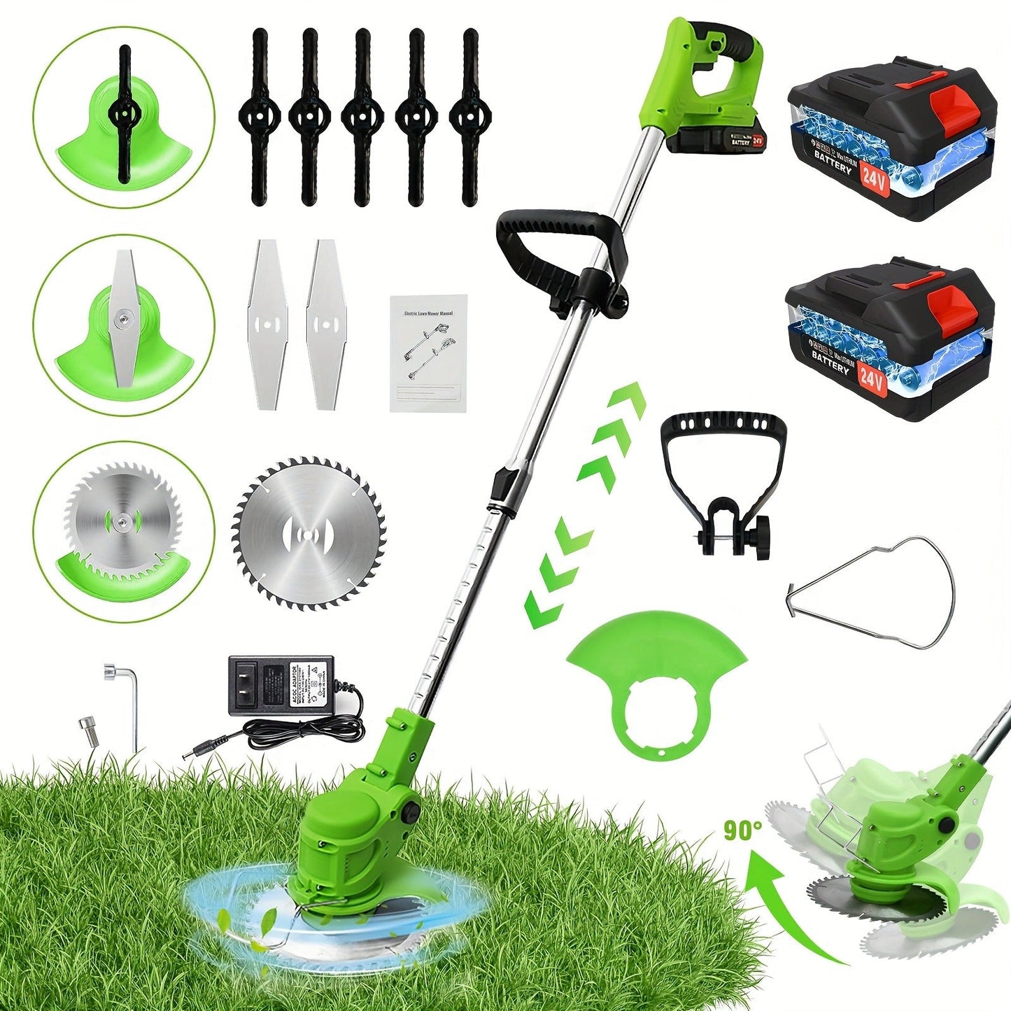 Weed Wacker Cordless 24V Brush Cutter, Electric String Trimmer with 2 Batteries & Charger, 3 Blade Types