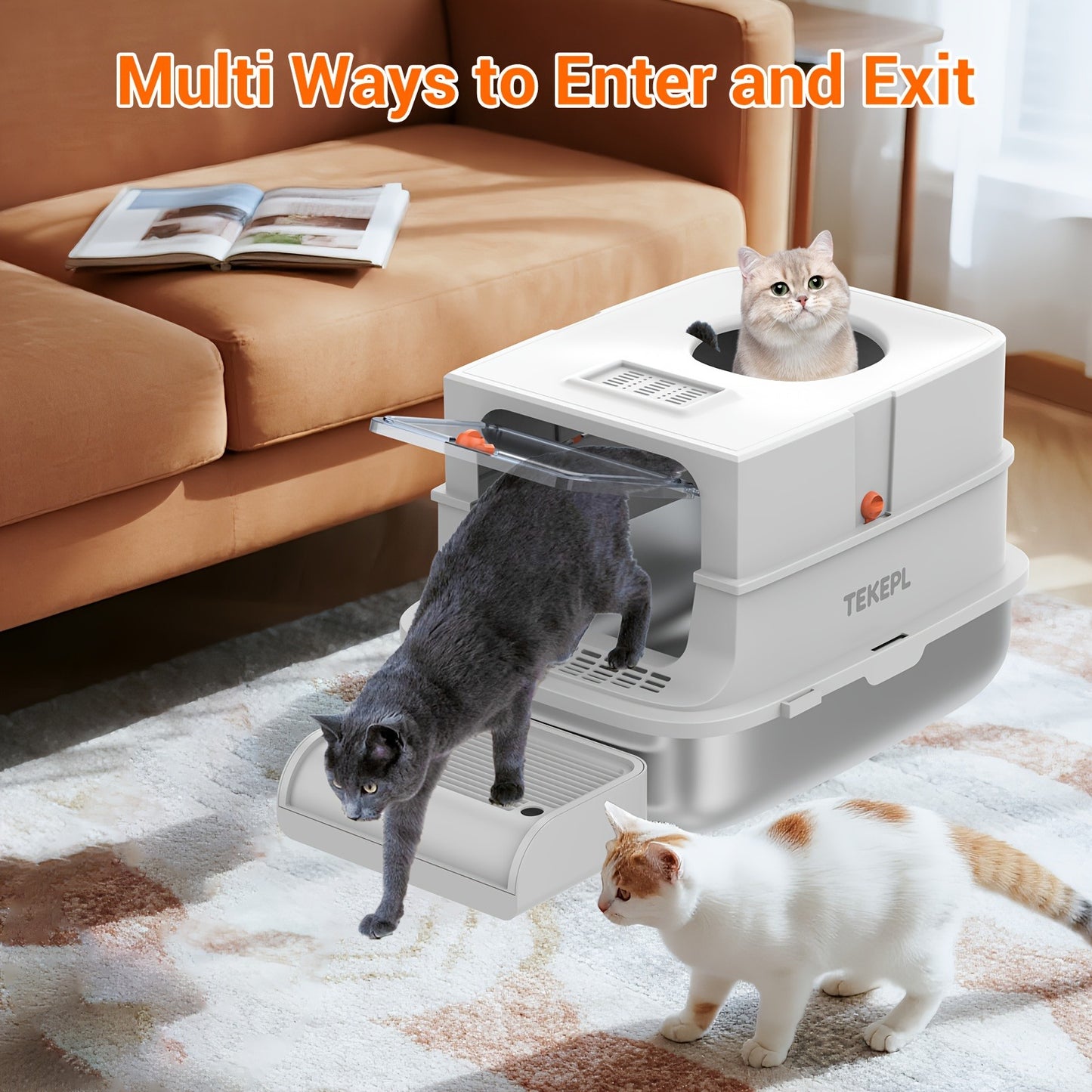 Stainless Steel Cat Litter Box with Lid – Extra Large 68L Enclosed & Semi-Open Modular System, 304 Steel Non-Stick Easy Clean