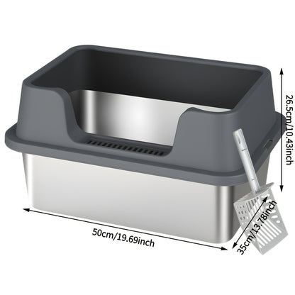 Stainless Steel Cat Litter Box with Scoop – High-Wall Semi-Enclosed Design, Non-Stick Easy Clean Surface, Anti-Leakage Odor Control