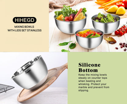 Stainless Steel Mixing Bowls Set with Airtight Lids 7 Piece, Stackable Nesting Bowls with Measuring Spoons Whisk Spatula Tongs Basting