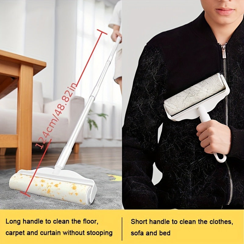 Extra-Long Adhesive Lint Roller with 49-Inch Segmented Handle and One Refill Roll for Pet Hair Cleanup