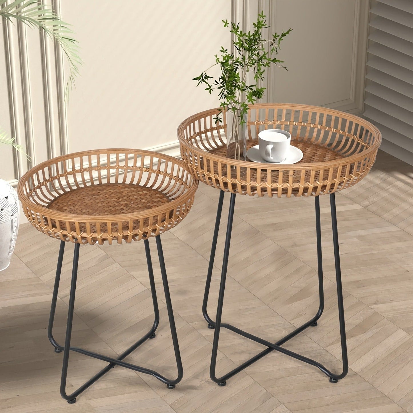 Side Table Rattan Collection with Bamboo-Woven Tops, Metal Bases and 18- or 20.4-Inch Options