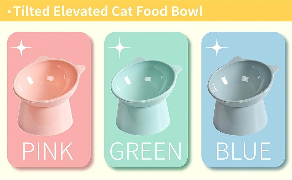 Cat Ear Shaped Raised Cat Bowls Set of 3 – Elevated Feeder Anti-Slip Base Neck Comfort Design, Pink Green Blue Feeding Dish for Cats