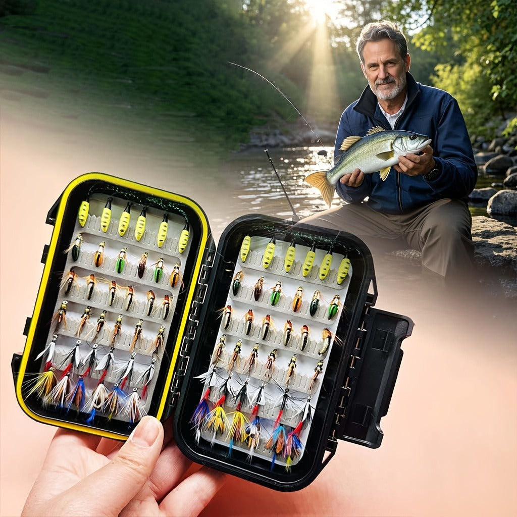 Fly Fishing Lures 72pcs Dry & Wet Flies Assortment with Fly Box – Hand-Tied 6 Patterns for Trout, Bass & Salmon, Biomimetic Bait