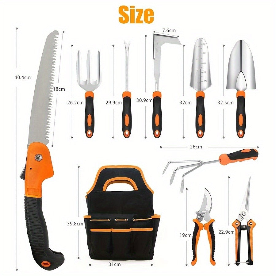 Garden Tool Set 10-Piece | Heavy Duty Stainless Steel Trowel Pruner Rake Weeder with Tote Bag | Ergonomic Non-Slip Grip Gardening Kit Gift